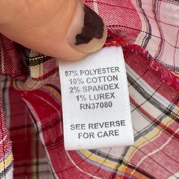 Cato Women's Red Plaid Embroidered Ruffled Smock Top Size XL - Picture 6 of 6